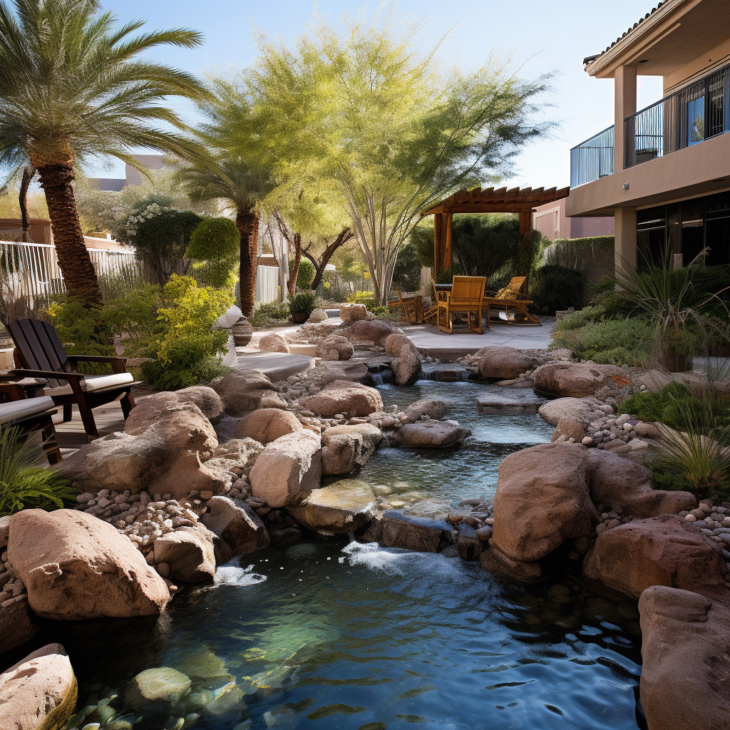 A creek in a Mojave desert backyard with a boulder designed hardscape.