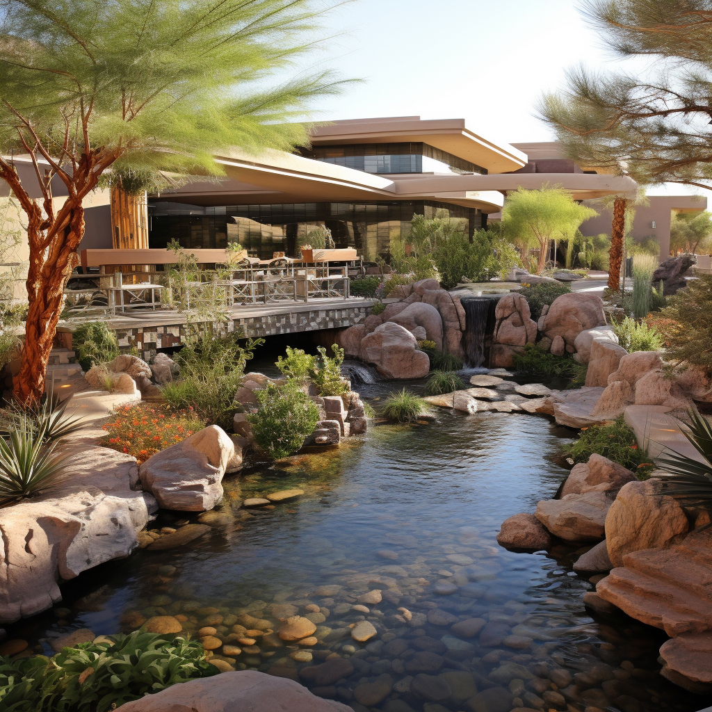 A commercial property in Las Vegas with a crystal clear pond built with smooth round stones across the bottom.