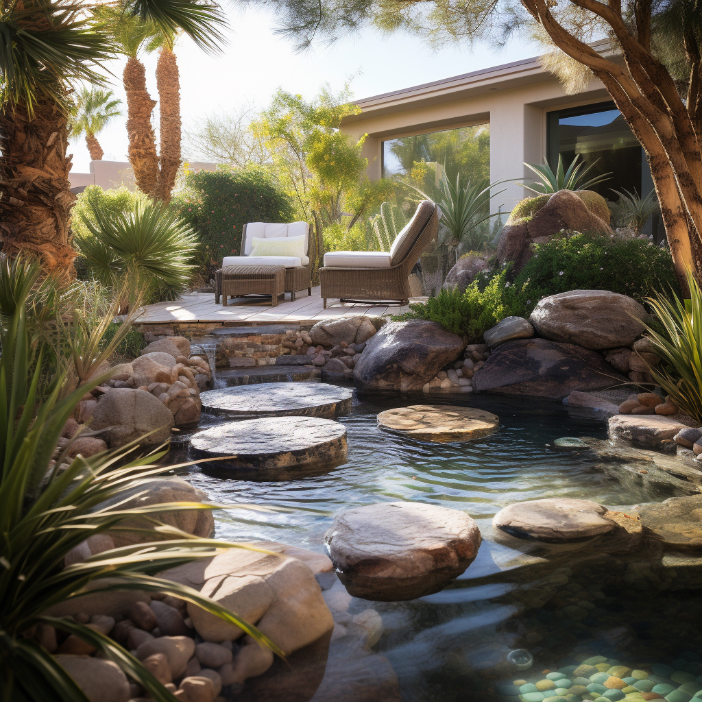 A relaxation spa-like pond with floating stones in a residential backyard in Las Vegas, NV.