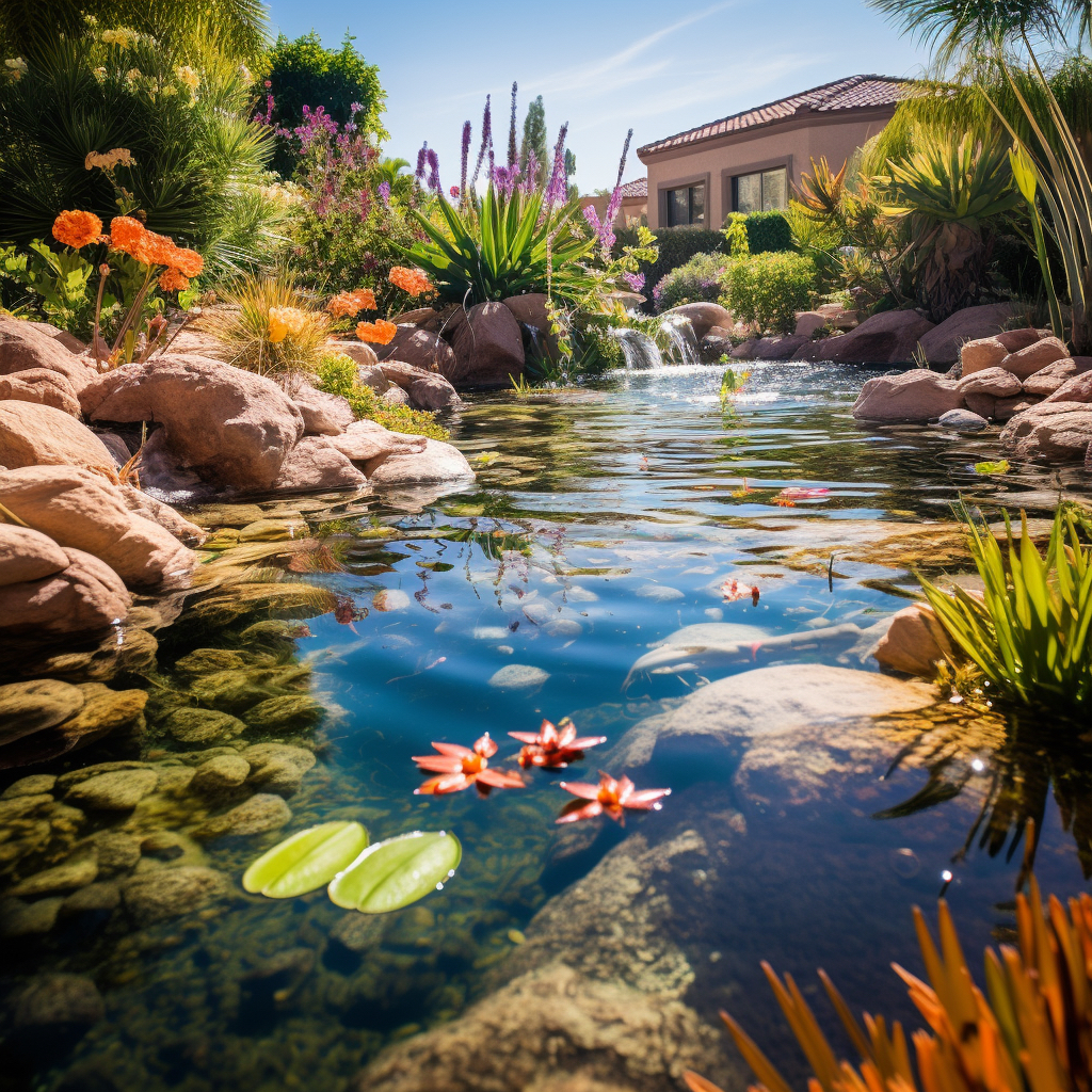 A clear water pond in a Las Vegas backyard with pond plants and water lillies.