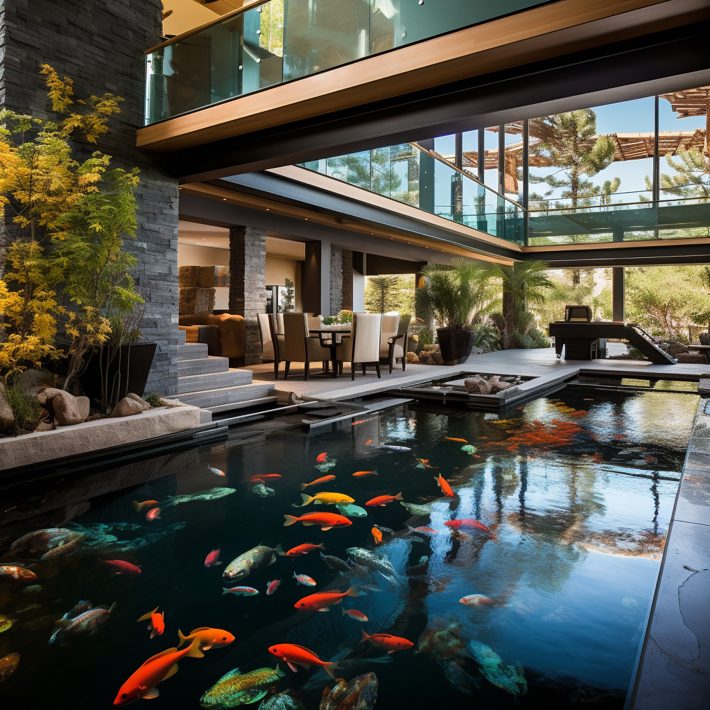 An indoor koi pond built for a luxury home in Las Vegas with dozens of red, white, orange, and yellow koi fish swimming in it.