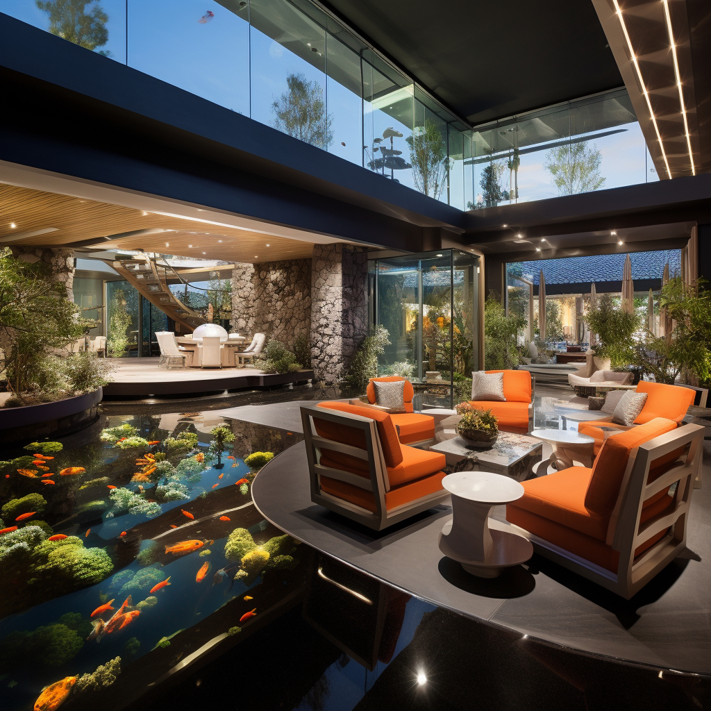 Luxury indoor koi pond in a Las Vegas home with orange patio furniture.