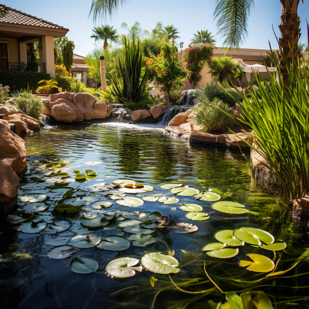 Water lillies and aquatic plants in a pond build by PBLV.