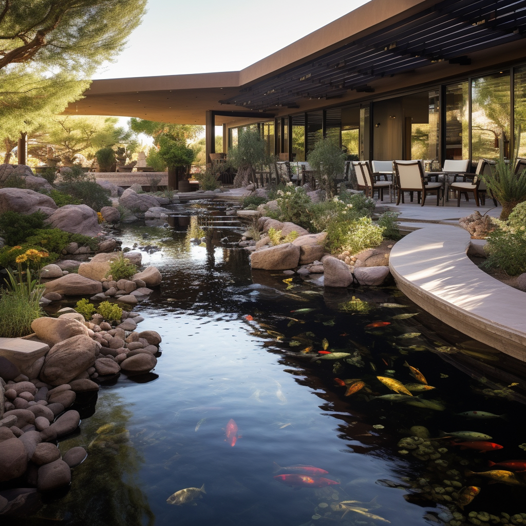 Large Las Vegas house with a long style koi pond in the back yard.