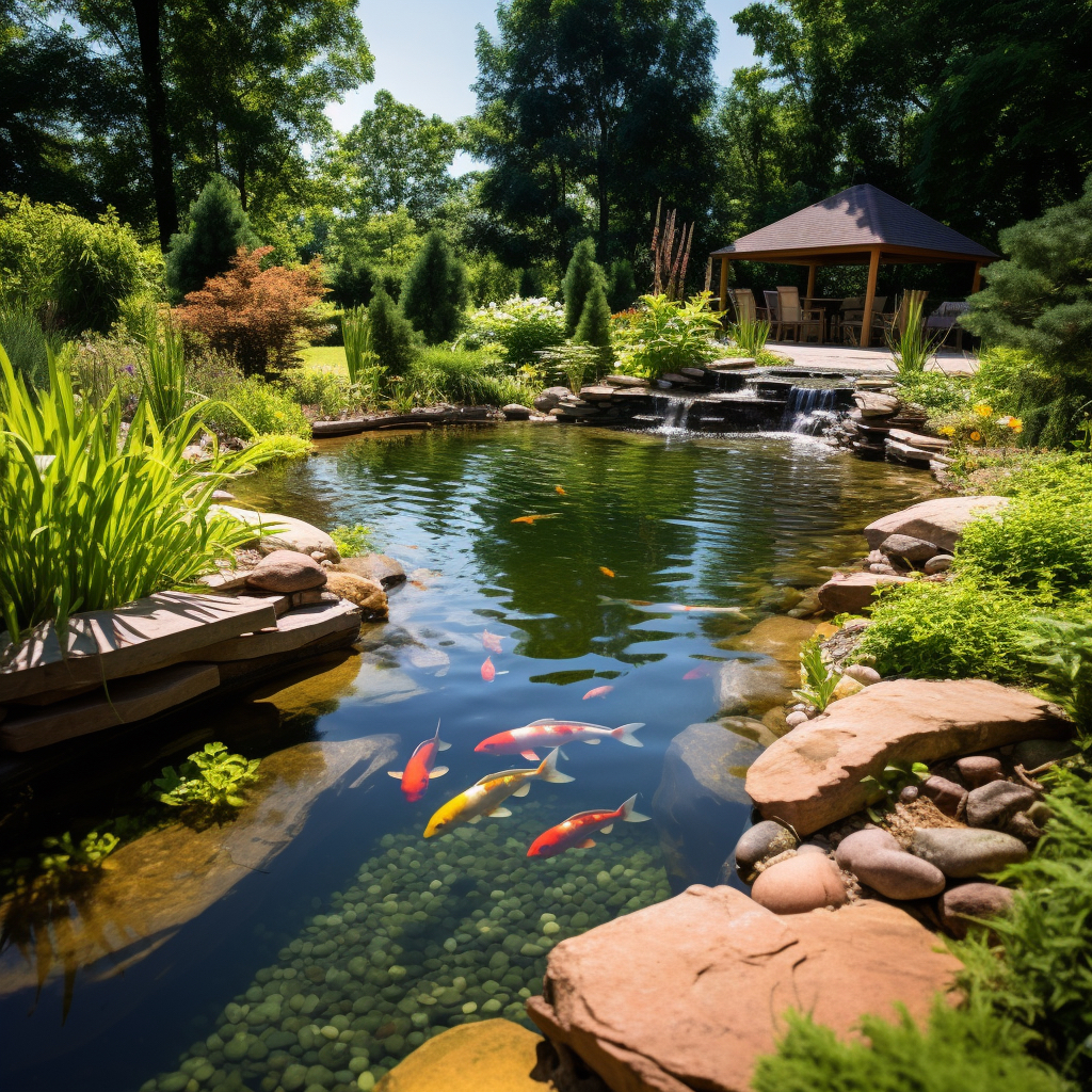 A koi pond in a zen garden with red and white and yellow koi fish swimming in it.