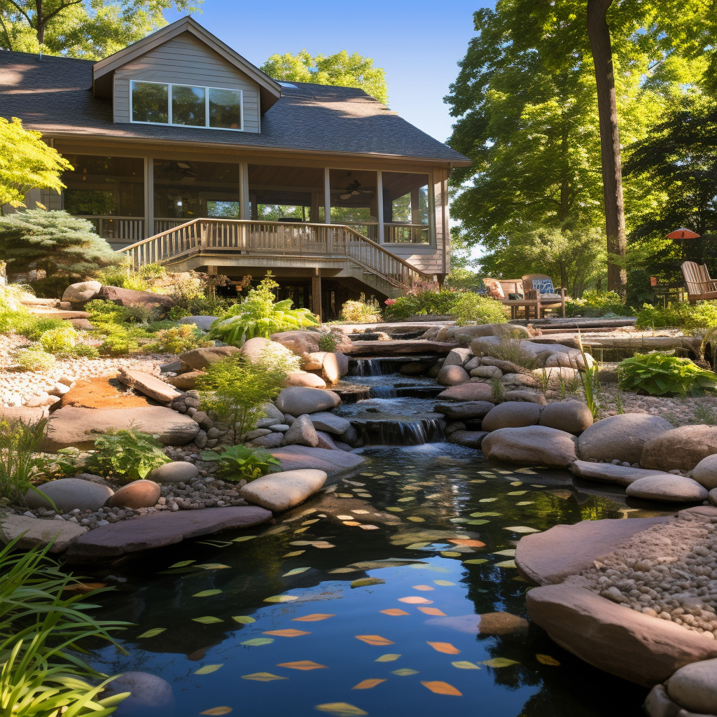 A country style pond in a backyard with trees and boulders.