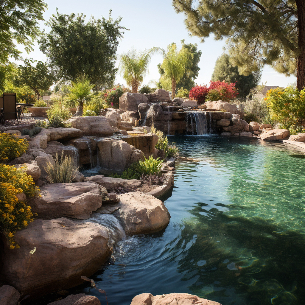 A sand bottom pond in Las Vegas, NV with surrounding boulders.