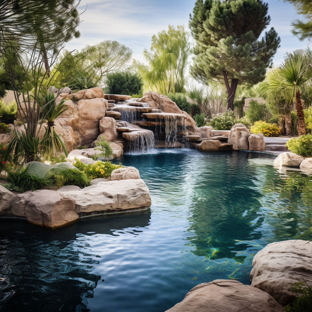 Pond Builders Las Vegas designed and builds this pond with waterfall and big boulders surrounding the outside as a hardscape.