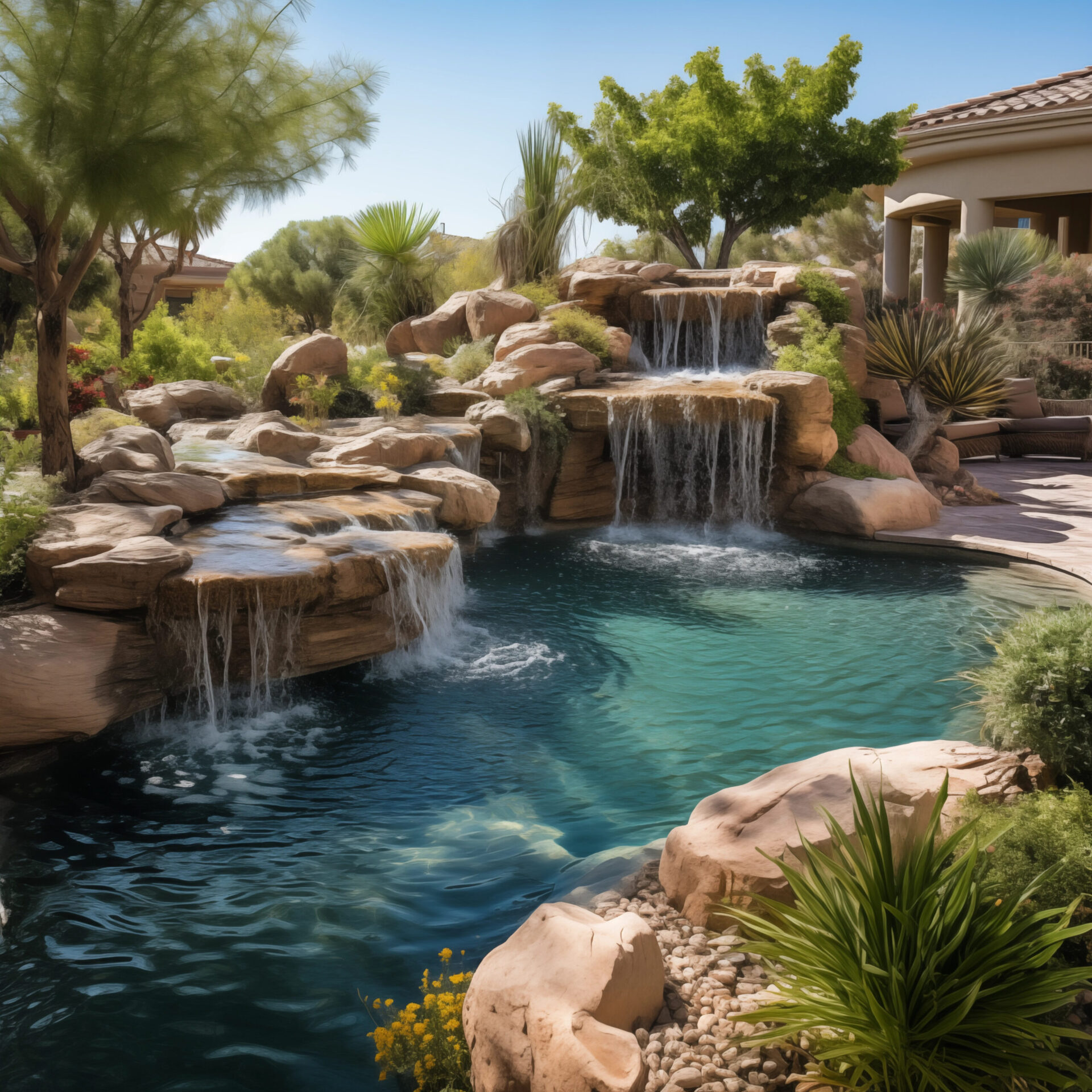 Pond Builders Las Vegas designed this backyard pond with multiple waterfalls.