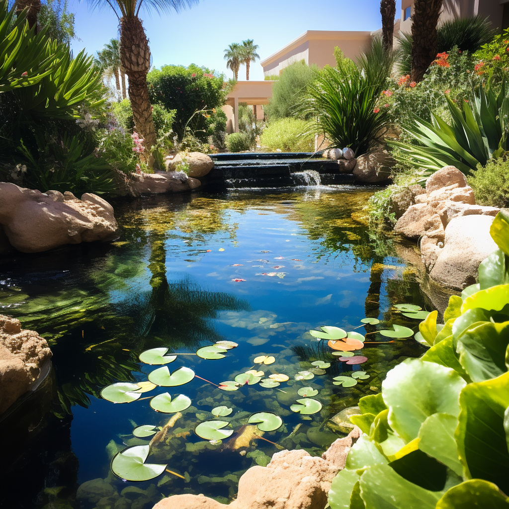 A pond built with aquatic plant scenery in Las Vegas NV by PBLV.