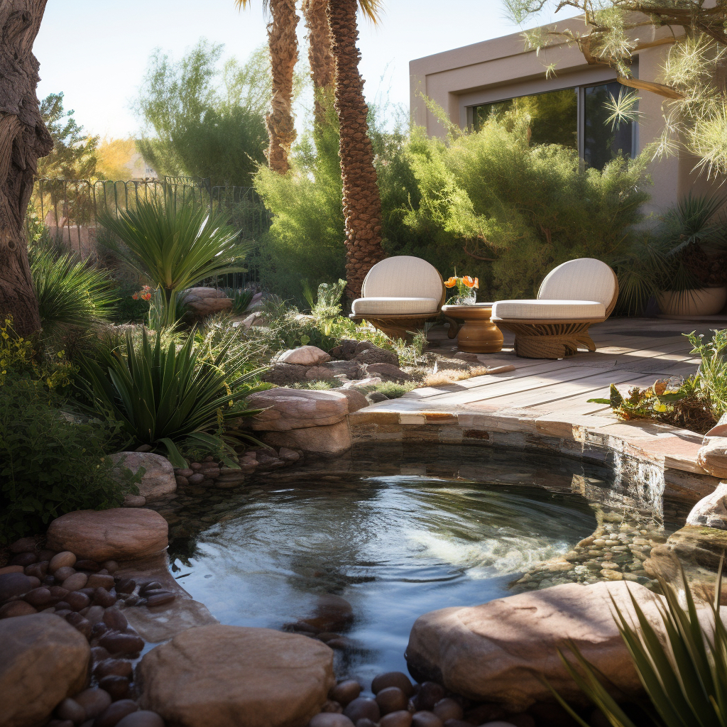 A small round pond with big boulder hardscapes surrounding it in a backyard in Summerlin, NV.