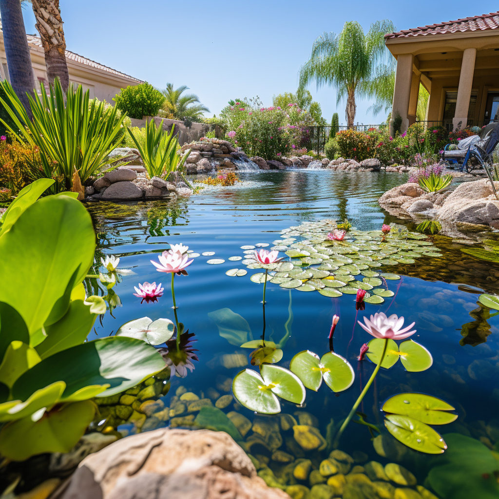 Water lillies floating on a pond built in a Las Vegas yard with surrounding aquatic plants.